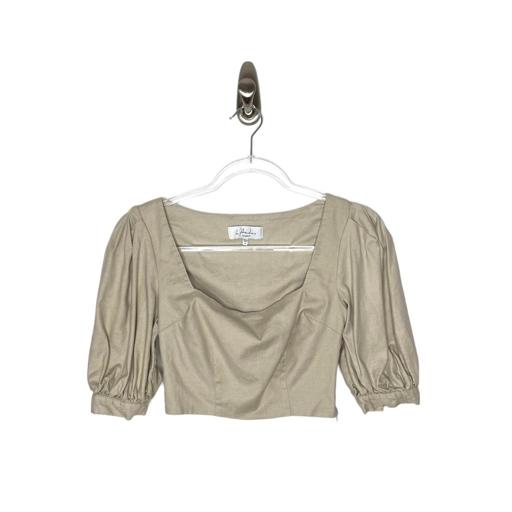 L’Academie | Linen Blend Puff Sleeve Cropped Corset Top XS
